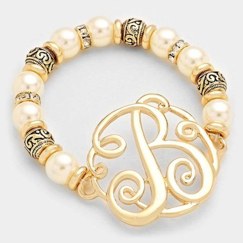 B MONOGRAM CHARM PEARL & FILIGREE STRETCH BRACELET